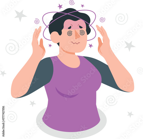 Person with dizzy swirls and stars around head vector