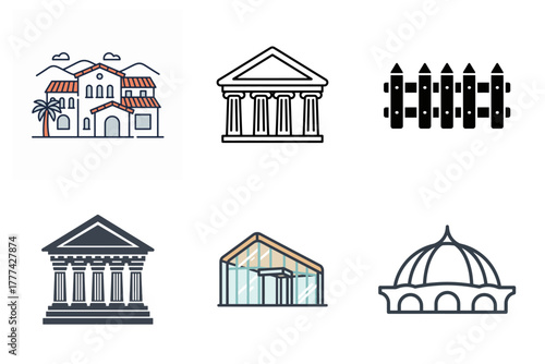 Beauty Salon, Hair Care, Nail Services, and Spa Massage Vector Icons Set. Hairdressing scissors, comb, massage, nail file, dye bowl, and back massage symbols.