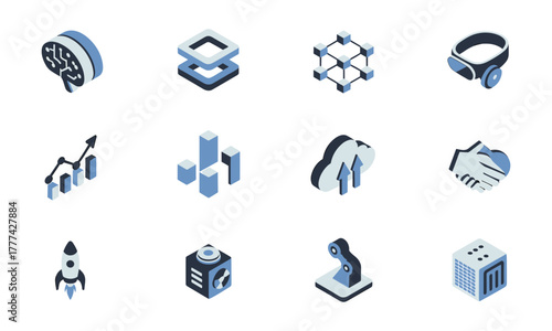 Isometric Icon Set Representing Technology Business and Data.