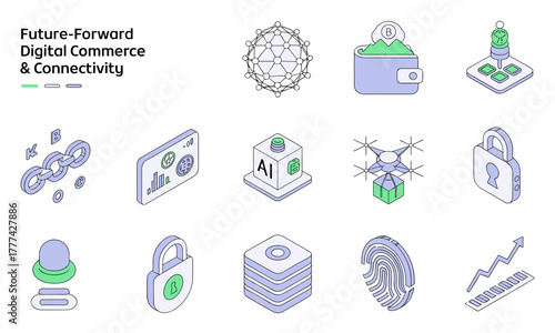 Isometric Digital Commerce and Connectivity Icons Set.