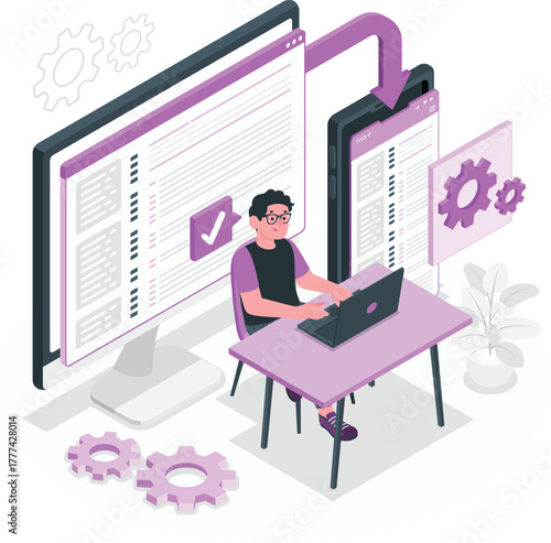 Person working on laptop in front of large computer screen and phone Keywords: computer, laptop