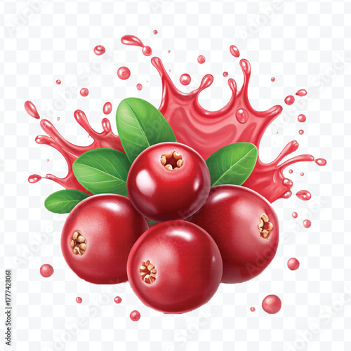 realistic cranberry  fruits with red liquid juice splash in different style isolated on transparent background