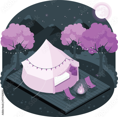 Pink bell tent with campfire and chairs under a full moon glamping camping