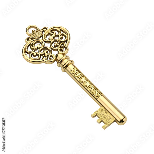 Antique ornate golden key isolated on transparent background