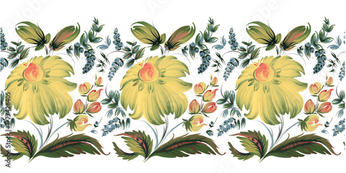 Floral vector seamless border pattern from yellow flowers and blue berries on a white background