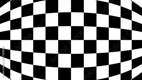 Abstract warped black and white checkerboard pattern creating dynamic minimal background with curved geometric texture and optical illusion effect