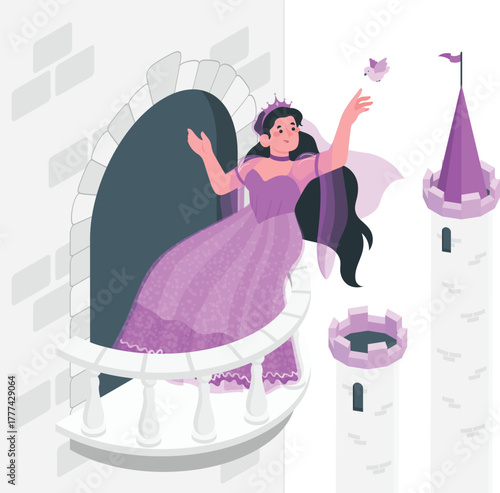 Princess in purple dress on balcony with bird and castle towers vector