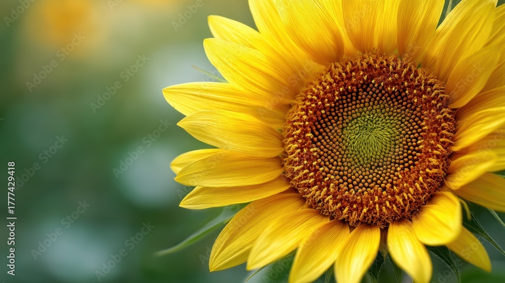 Obraz premium Large vibrant yellow sunflower in a field on a sunny day. Nature and summer beauty concept for background or greeting card.