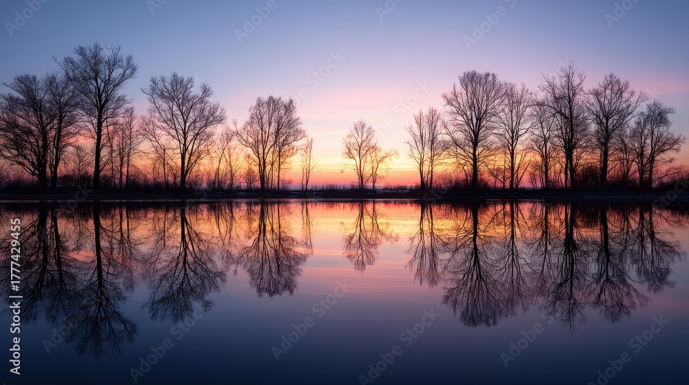 Fototapeta premium Bare tree silhouettes and their calming water reflection at sunset. Tranquil scene for nature, mindfulness, and background design.