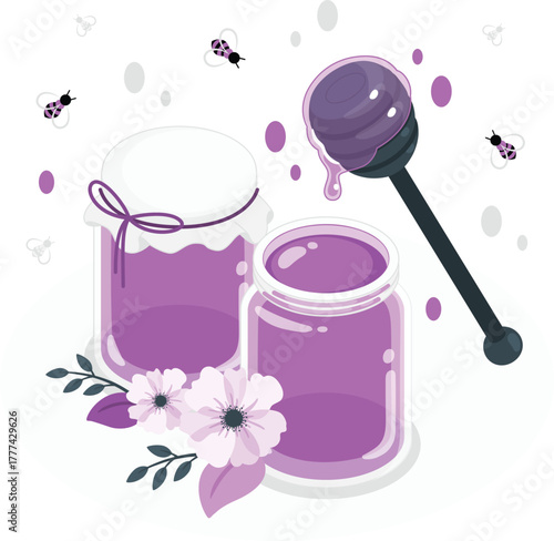 Purple Honey Jars with Flowers and Bees Illustration sweet food