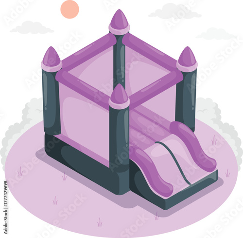 Purple inflatable castle with slide on pastel grass under sun bouncy castle playground