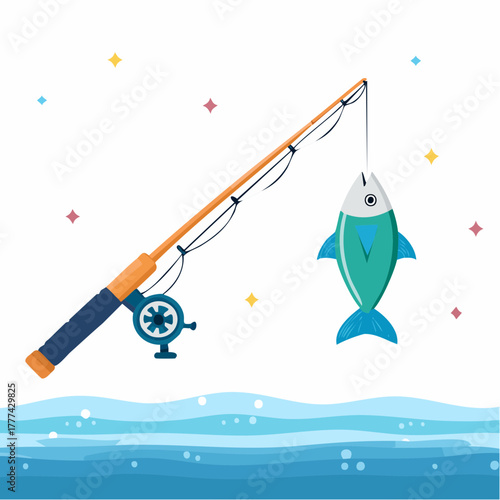 cartoon fish caught on fishing rod.
