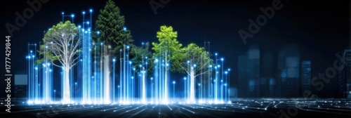 A digital forest made of data lines where optimization flows like wind through servers ensuring monitoring recovery and freedom from database problem while sustaining connectivity
