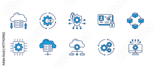 Information technology thin blue icon set. Containing cloud storage, automation, cyber security, data privacy, blockchain, hardware, server, it infrastructure, process. Vector illustration