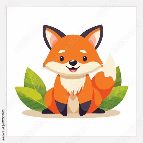 A cute cartoon red fox sitting outdoors.