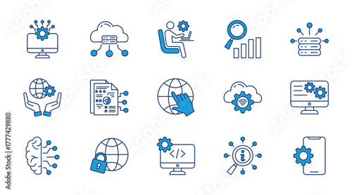 Information technology thin blue icon set. Containing cloud computing, it manager, data analytics, big data, it governance, digital data, internet, internet of things, operating. Vector illustration