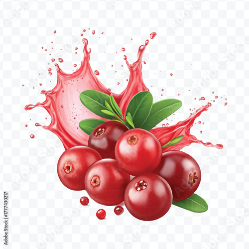 realistic cranberry  fruits with red liquid juice splash in different style isolated on transparent background
