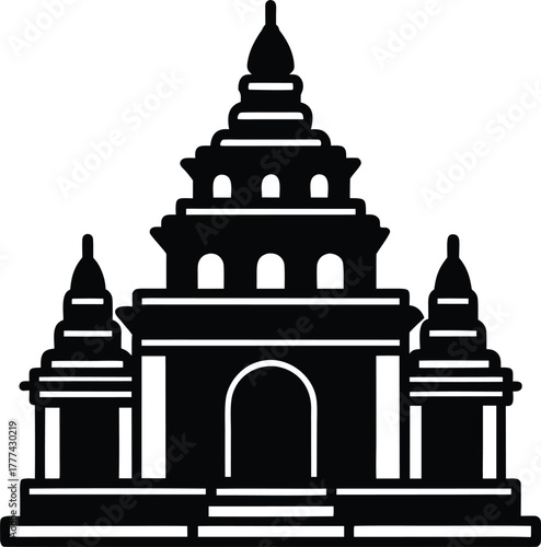 Flat line illustration of a traditional hindu temple with intricate architectural details
