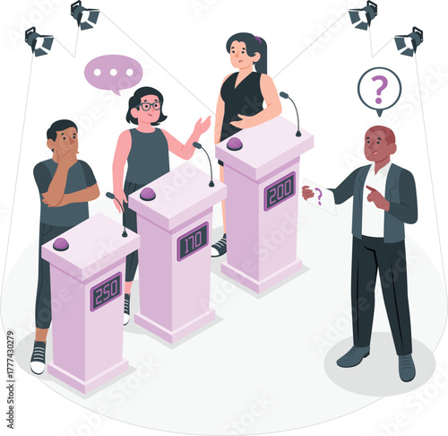 Quiz show contestants at podiums with host game show competition