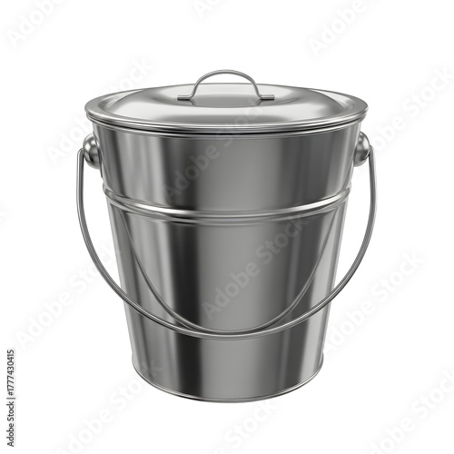 Shiny metal bucket with lid isolated on transparent background