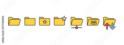 Set of folder icons in vintage computer interface style. Digital storage, document organization, system navigation. Open and close , starred and shared files. Flat style vector isolated illustration.