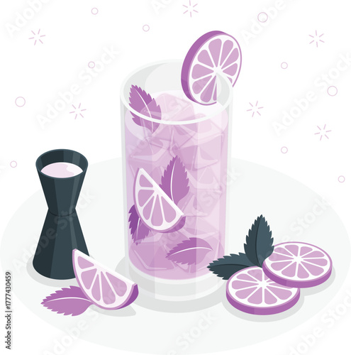 Refreshing purple cocktail with mint and lime slices and jigger drink beverage