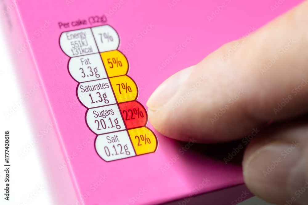 Obraz premium Nutritional food label traffic light labelling system with high sugar