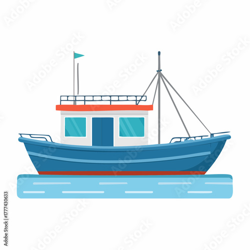 Cartoon Illustration of a Blue Fishing Boat on Water.