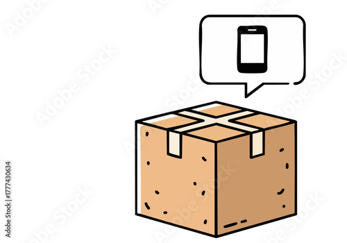 A cardboard box with a speech bubble containing a smartphone. ?Eco Alert? text. Simple, graphic illustration. Modern, clean design. Suitable for environmental or technology concepts.