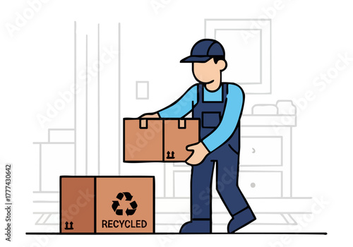 A delivery worker carries two recycled cardboard boxes. The image is clean, modern, and features a professional setting. Suitable for business and logistics themes.