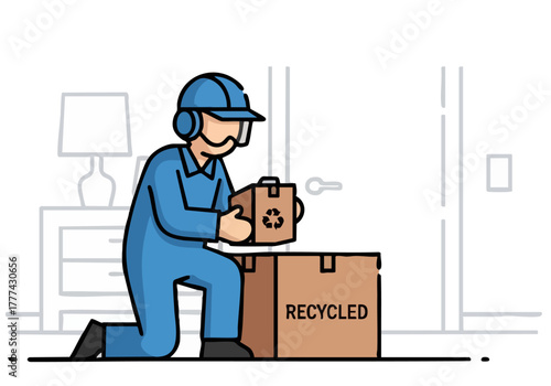 A delivery worker inspects a recycled cardboard box in a home setting. Clean lines, modern illustration style. Focus on sustainability and responsible packaging.
