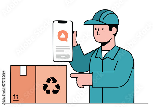 Delivery worker uses a mobile app to inspect a package with recycling symbol. Modern illustration style. Focus on logistics and sustainability.