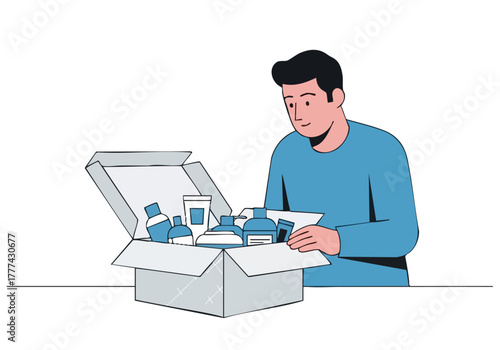 A man examines beauty products in a box. Clean, modern illustration style. Focus on product discovery and grooming. Suitable for beauty and lifestyle marketing.