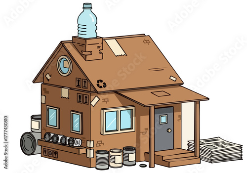 A whimsical illustration depicts a tiny house constructed from recycled materials, including a plastic bottle. It?s a charming, eco-conscious design with a playful, textured style.