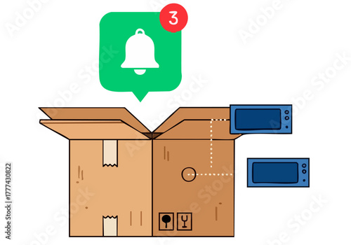 stylized illustration depicts a cardboard box with two devices inside receiving a notification alert Clean modern design with a bright green bell icon Perfect for tech backup and digital concepts