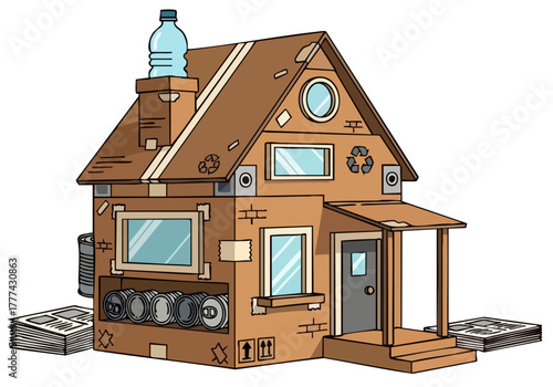 whimsical recycled house illustration Constructed from cardboard and repurposed materials it showcases sustainable design and eco-friendly living Bright colors and playful details