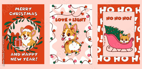 Set of festive cartoon Corgi Christmas greeting cards with Santa hats, gift boxes, Christmas lights, wreath, sleigh and holiday messages on red and pink backgrounds