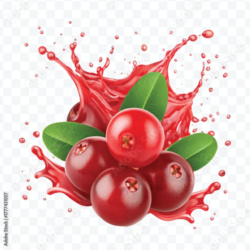 realistic cranberry  fruits with red liquid juice splash in different style isolated on transparent background