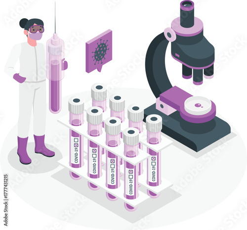 Scientist with C O V I D-19 test tubes and microscope in lab laboratory covid-19