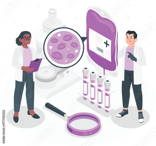 Scientists examine blood sample with microscope and blood bag blood research medical laboratory