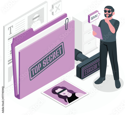 Secret agent with top secret folder and shushing gesture person