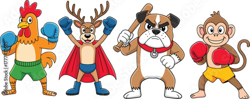 Cute cartoon animal fighters — boxing rooster, superhero reindeer, strong bulldog, and boxing monkey mascot for kids, sports, and games