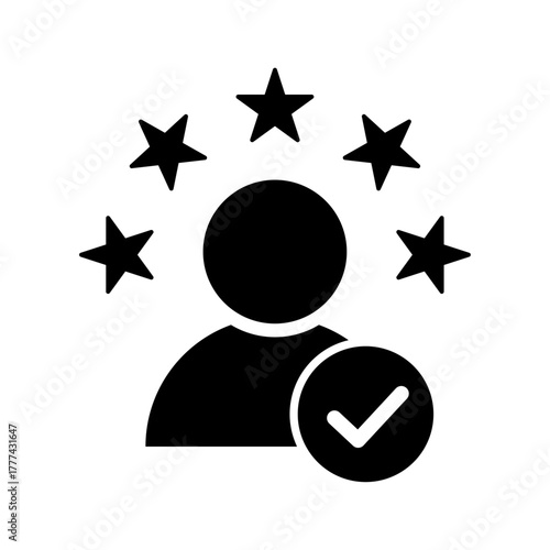 Premium user vector icon: person with five stars and a check mark, symbolizing verified quality, excellent rating, and high-value customer