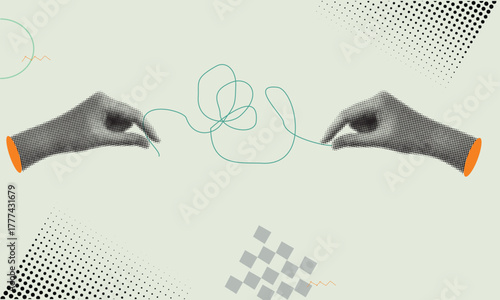 Modern illustration of simplifying a complex, tangled knot, featuring hands holding the thread ends, symbolizing business strategy, resolving confusion, finding a solution, and simplifying challenging