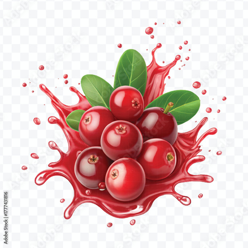 realistic cranberry  fruits with red liquid juice splash in different style isolated on transparent background