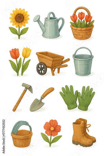 Cute Watercolor Illustration of Gardening Tools and Flowers in Garden