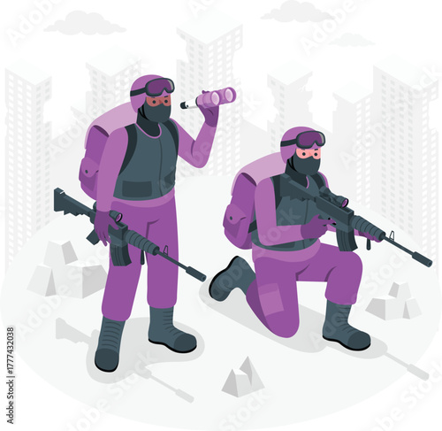 Soldiers in tactical gear with rifles in urban setting military army