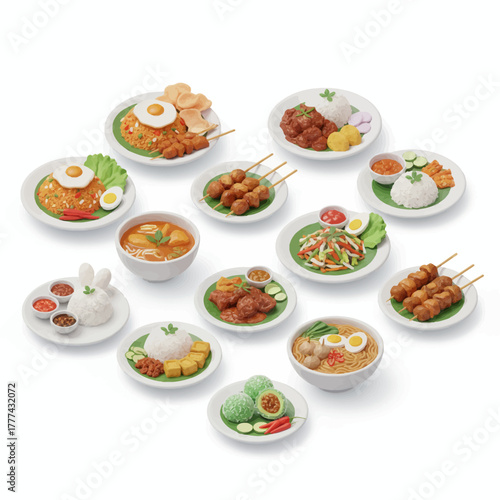 Indonesian Traditional Food Isometric Vector Illustration Set