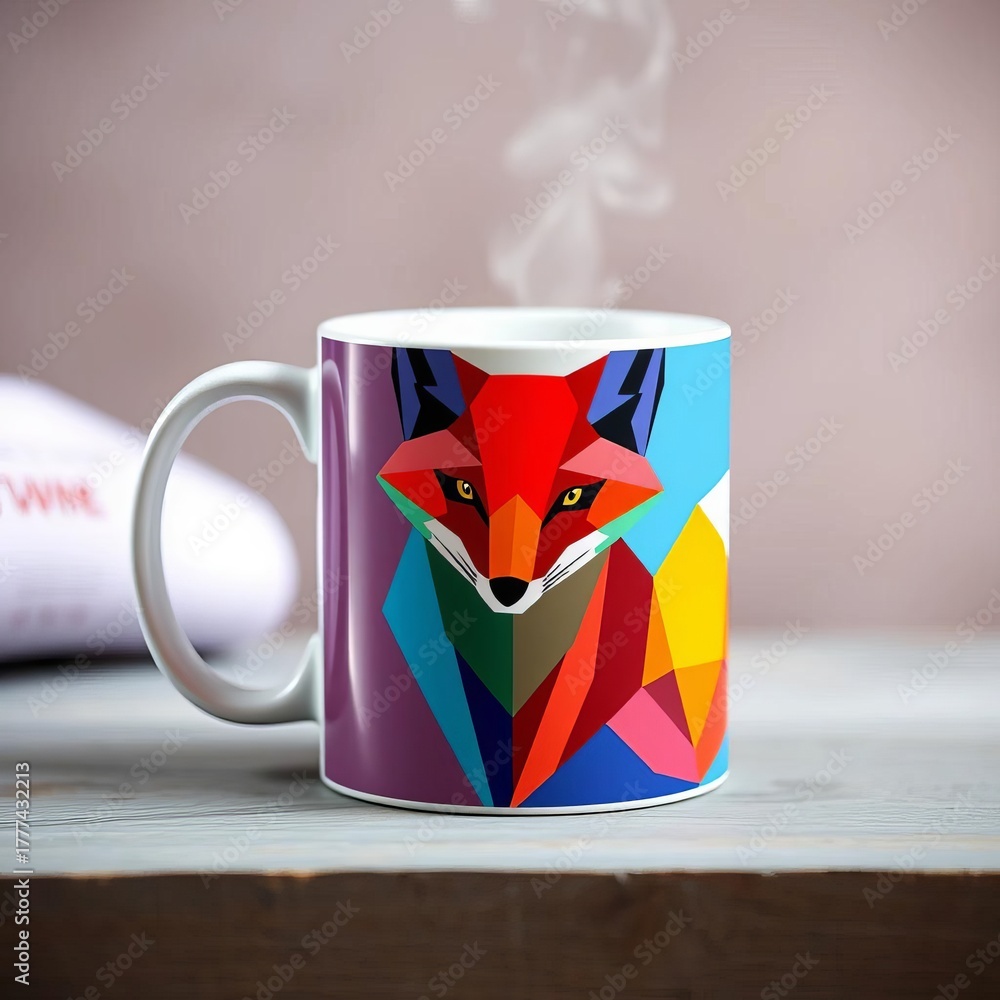 Obraz premium A mug featuring a geometric fox design in vibrant, unexpected colors, bringing a modern twist to your daily brew, ceramic mug, geometric mug