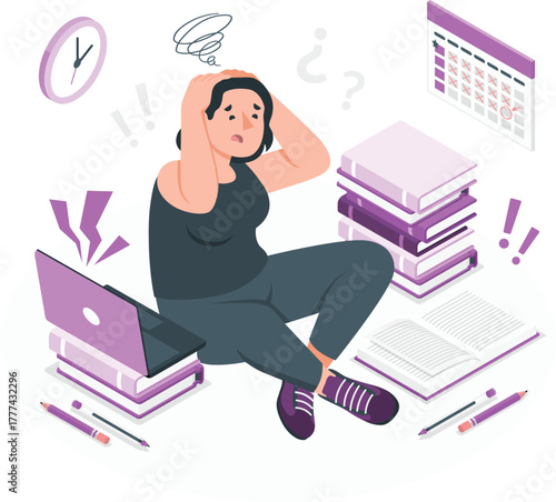 Stressed person surrounded by books and work materials overwhelmed anxiety